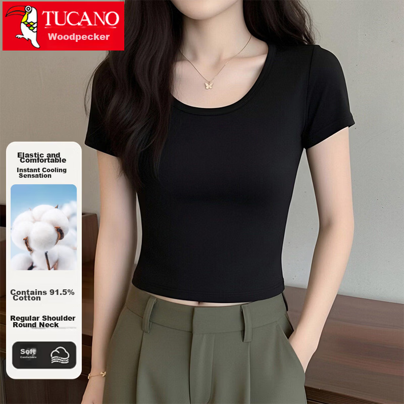 TUCANO Women's Short Sleeve T-Shirt Summer Cotton Solid Color Thin Stretch U-Neck Slim Fit Top Black S