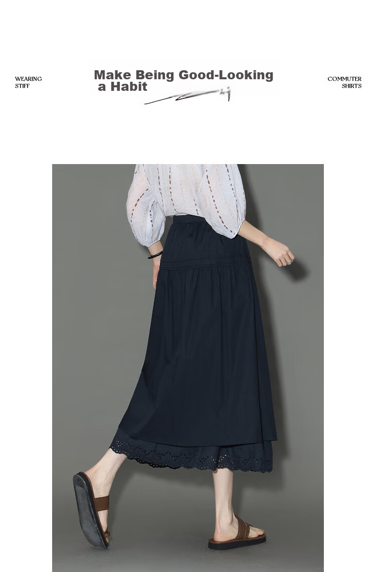 Demana [100% Cotton Poplin] Summer Elastic Waist Lace Splice Mid-Length Loose A-Line Slimming Skirt for Women Premium Quality 13