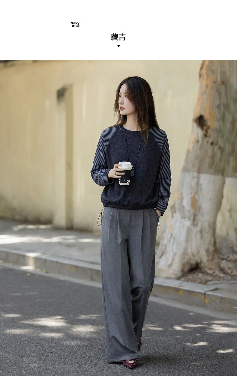 Demana [Free Relax] Autumn Simple Style Crew Neck Patchwork Striped Elastic Loose Slim Sweatshirt for Women Premium Feel 9