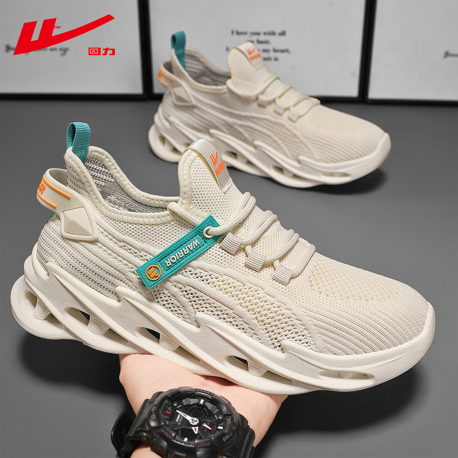 Warrior Official Men's Summer 2026 New Breathable Mesh Running Shoes Lightweight Shock Absorption Sports Shoes in Beige and Green
