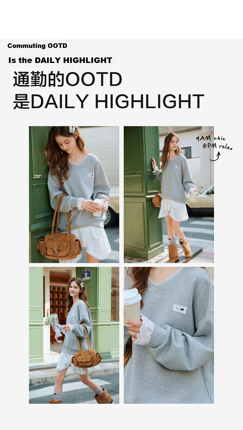 TonLion 2026 Spring Women's V-Neck Lace Sweatshirt Light Heather Gray L 5