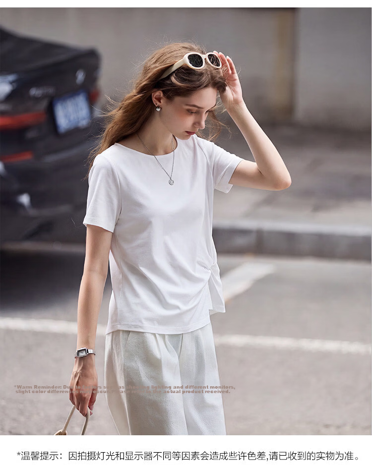 TonLion 2026 Summer New Women's Short Sleeve T-Shirt Pleated Solid Slim Fit Versatile High-End Fashion Tee 5
