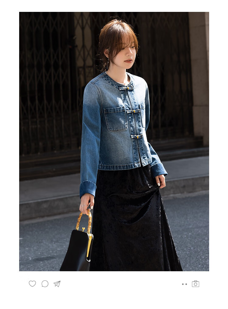 MT New Chinese Style Autumn Exquisite Fashion Small Frog Button Turn-up Sleeve Denim Jacket 3