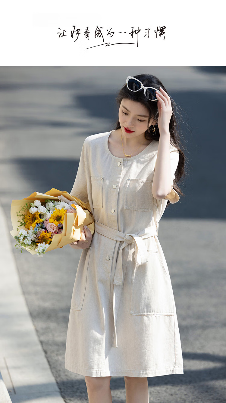 Demana [with natural linen] Summer Oxygen Sense Lyocell Cotton Collarless Straight Denim Dress for Women Slim Relaxed Fit 1
