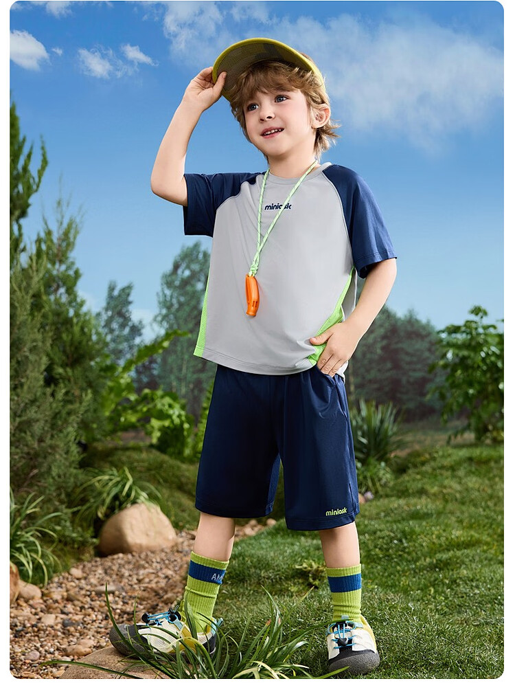 ASK JUNIOR Boys' Quick-Dry Summer Sports Set 2026, Lightweight Breathable Short Sleeve and Shorts Two-Piece, Blue, Size 90 21
