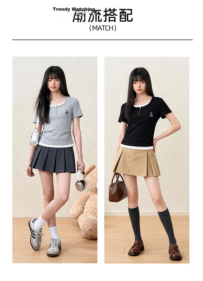 SPAO Bear Print Faux Two-Piece Colorblock Short Sleeve T-Shirt Women 2026 Summer Slim Ruched Shoulder College Style Crop Top 8