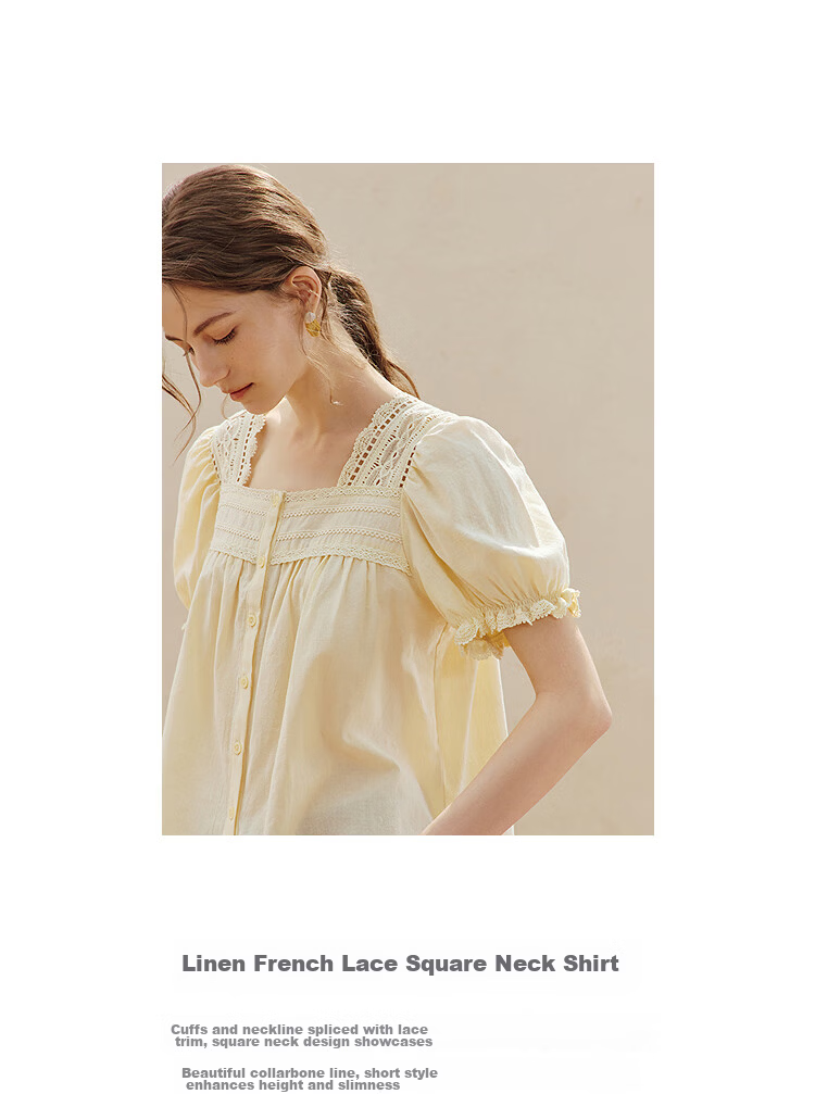 INMAN Linen Cotton French Lace Embroidered Square Neck Puff Sleeve Shirt Summer 2026 Women's New Milk Yellow XL 3