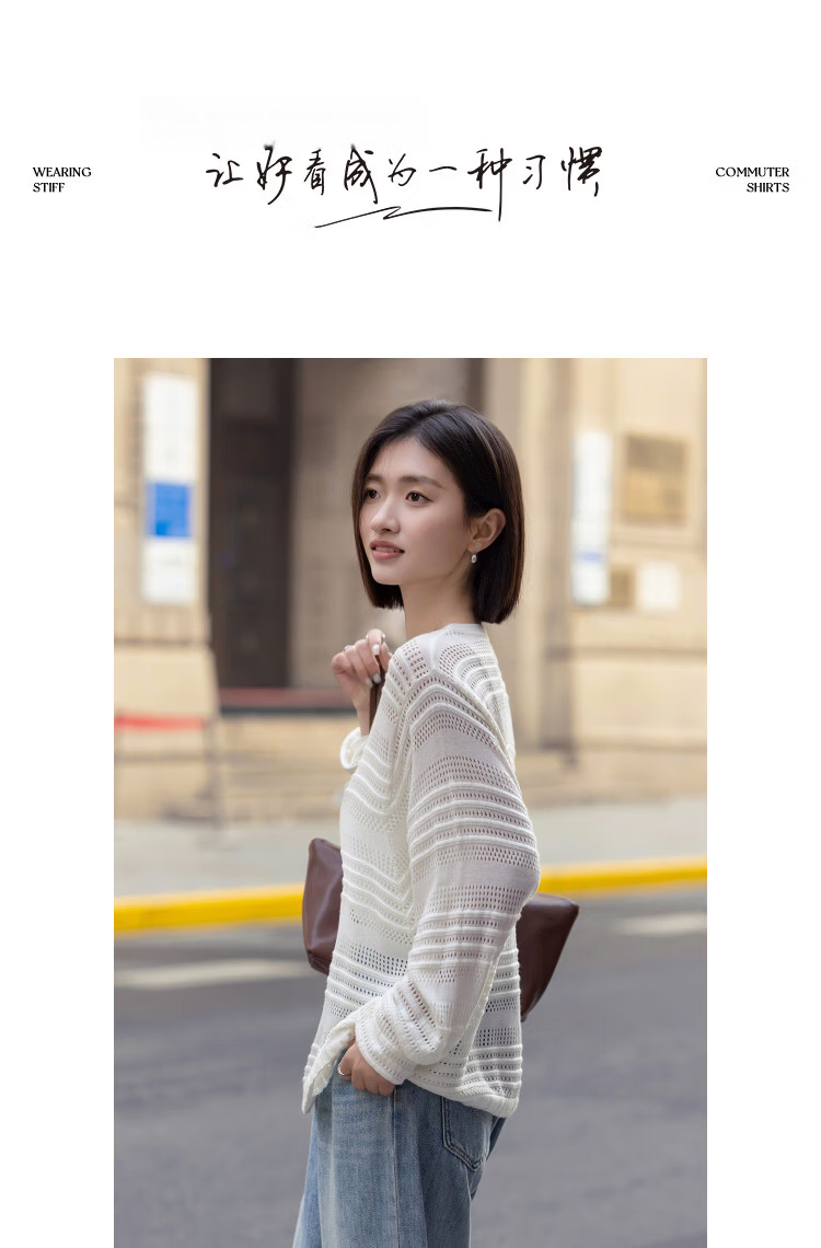 Demana [With Mulberry Silk and Wool] Spring Elegant Hollow Stripe Batwing Sleeve Elastic Slim Knit Sweater for Women Premium 10