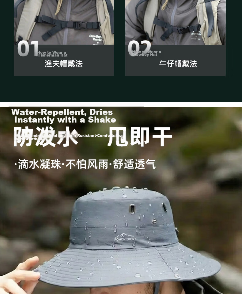 Romon Men's Fisherman Sun Protection Hat Summer Outdoor Breathable Sunshade Cap for Mountaineering Fishing Hiking UV Protection Wide Brim 7