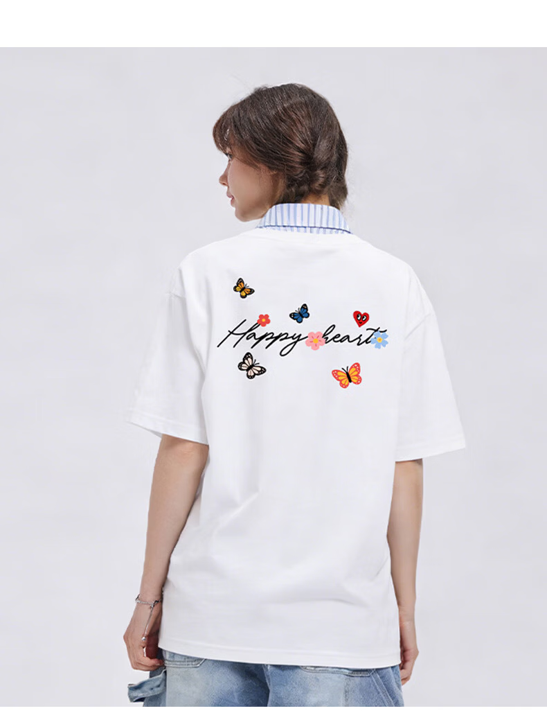 Charles Heart-Shaped False Two-Piece Cotton Couple Short Sleeve Polo Shirt with Butterfly Print Navy Blue S 15