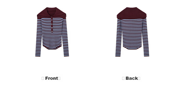 MT Striped Retro Color-Block Lapel Sweater Slim Fit Wool Blend Knit Top for Women Spring 11