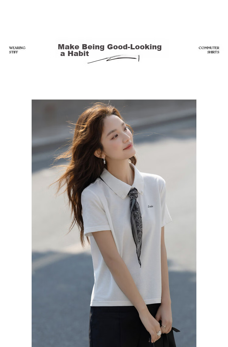 Demana [Refreshing Cloud Oxygen Cotton] Summer Pique Mesh Polo Collar Ribbon Embroidered Slim Fit T-Shirt for Women Premium Feel 10