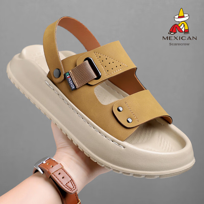 MEXICAN Spring Summer New Men's Sandals Beach Shoes Two-Way Slippers Breathable Yellow Size 38