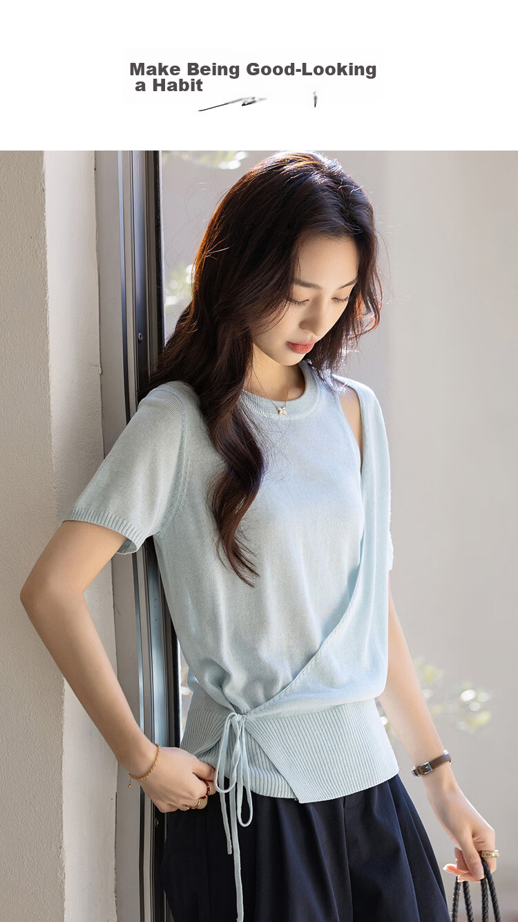 Demana [with Linen Lyocell] Summer Elegant Asymmetric Design Adjustable Tie Slim Knit Top for Women Premium 1