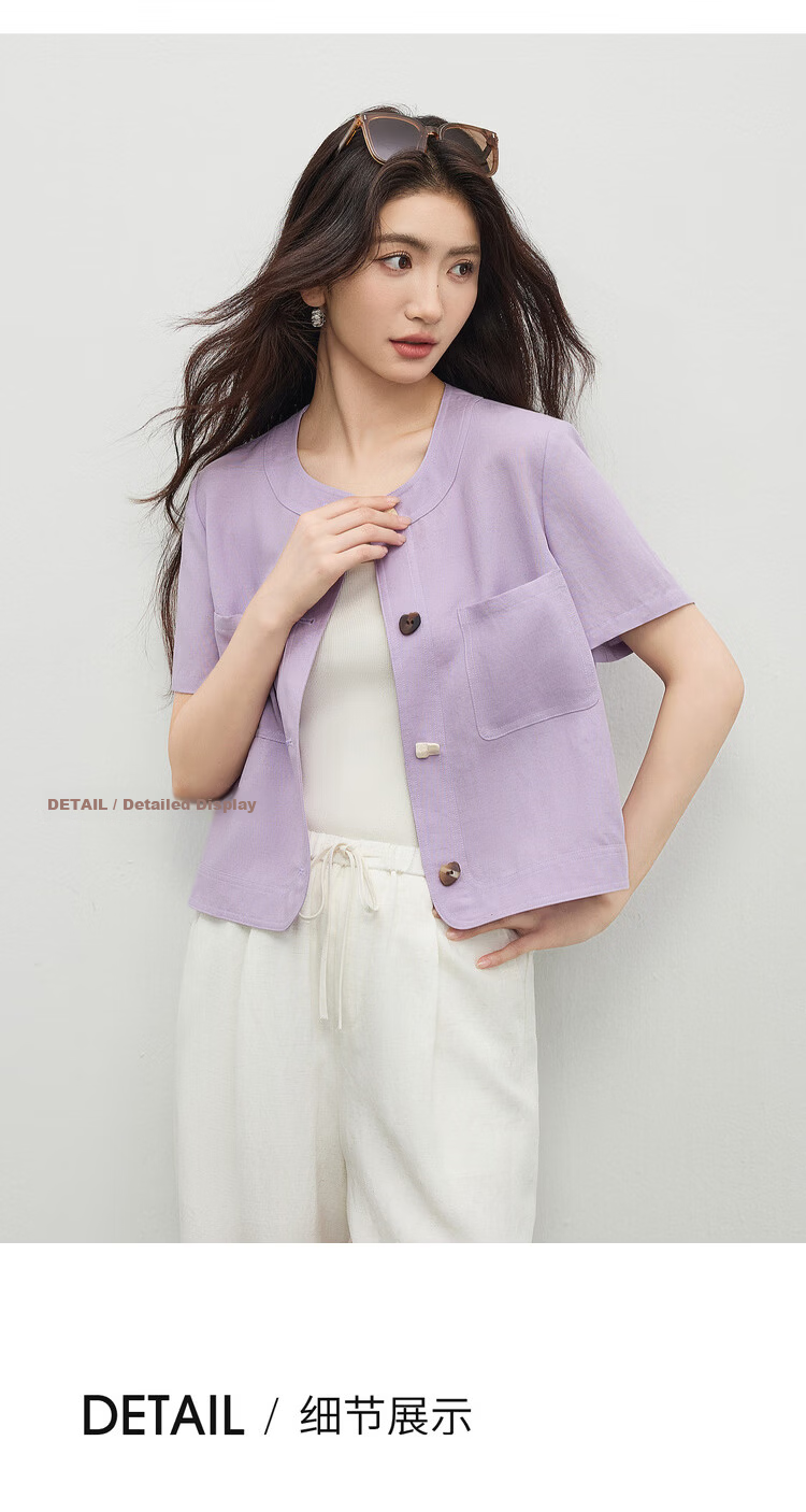 Shangdu Bila Linen Lyocell Jacket Women Spring Summer Petite Round Neck Colorblock Button Short Coat Light Luxury Elegant Cardigan 20