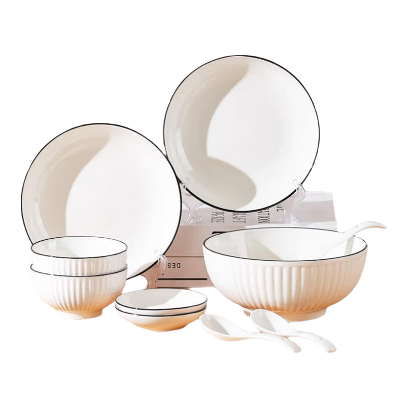 Chuanqi Ceramic Tableware, 12-Piece Simple Bowl And Plate Set, Microwave Safe, Black Vertical Lines, Suitable for 2-4 People