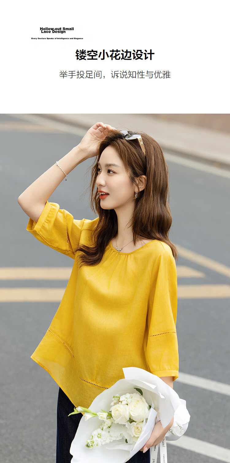 Demana [Ramie Lyocell Blend] Summer Round Neck Hollow Out Small Lace Loose Slimming Concealing Shirt for Women Premium Feel 7