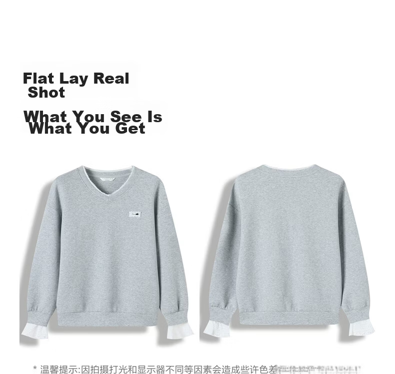 TonLion 2026 Spring Women's V-Neck Lace Sweatshirt Light Heather Gray L 3
