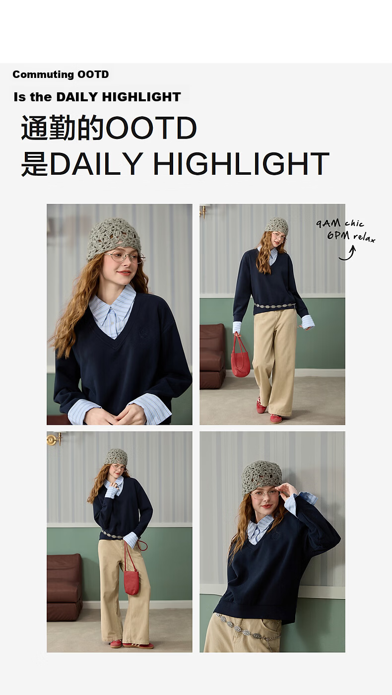 TonLion 2026 Spring Women's Embroidered Two-in-One Sweatshirt Navy Blue L 6