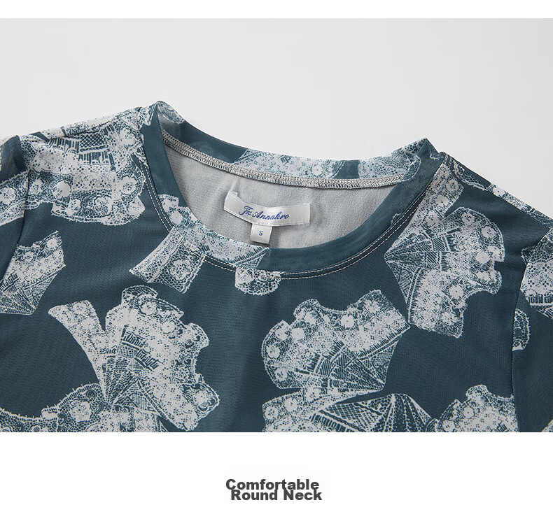 JUZUI AnnaKou Elegant Lace Printed Pleated Round Neck Waist Cinched Tulle Short Sleeve Women's Summer Top Floral Green Gray M 13