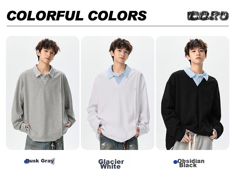 Foss Phil Men's Spring Autumn Colorblock Layered Collar Sweatshirt Casual Polo Shirt YWY1022 Glacier White XL 5