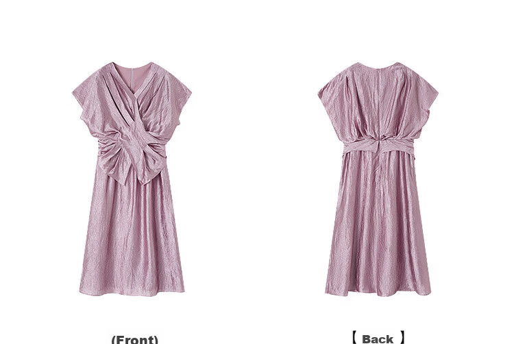 Demana Wrinkled Acetate Summer Elegant Luxury V-Neck Cross Waist Batwing Sleeve Lightweight Dress for Women High-End Feel 23