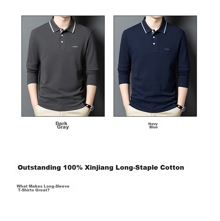 Edenbo Long Sleeve Polo Shirt Men Pure Cotton Simple Top Navy Blue 175/92A (XL) 3
