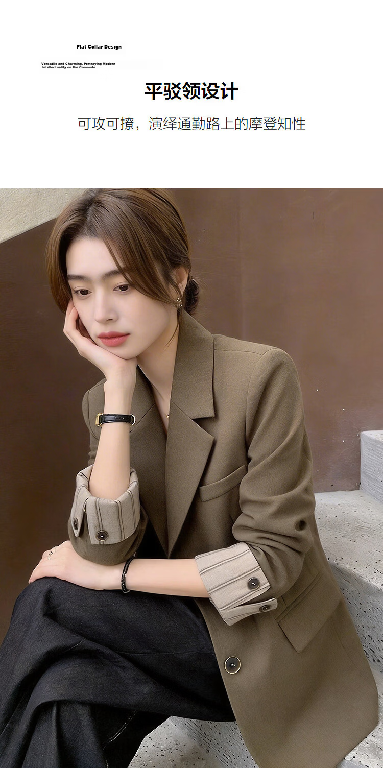 Demana [Legal Lady] Spring Commuter Notch Lapel Striped Color-Block Two-Button Turn-Up Blazer for Women Premium Quality 6