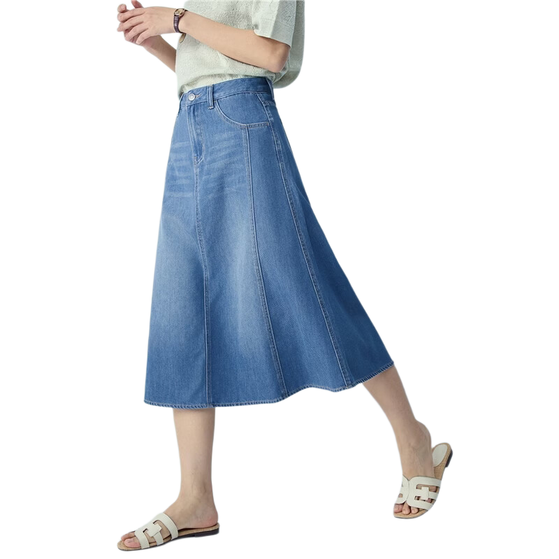 Giordano Women's New Lyocell Cool A-Line Denim Skirt Ripped Denim Midi Skirt 13466218
