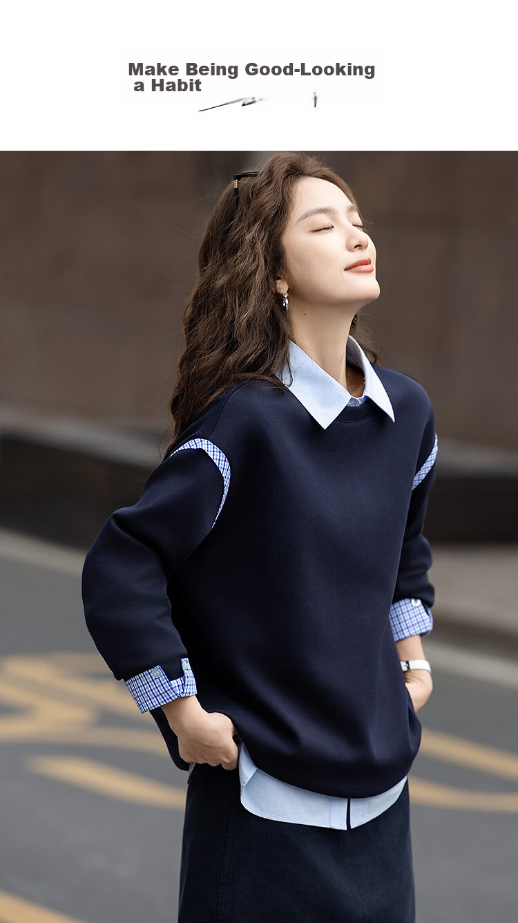 Demana [Comfort Elastic Air Layer] Autumn Simple Embroidered Letter Blueberry Print Loose Slim Sweatshirt for Women High-End Feel 1