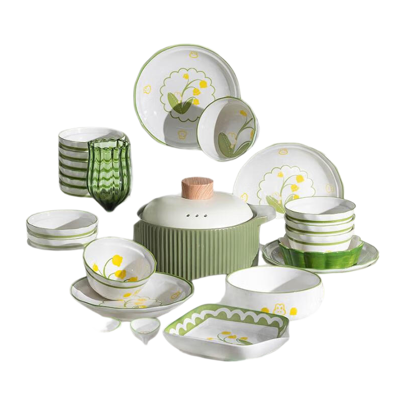 KANGMO 45-Piece Ceramic Bowl and Plate Tableware Set Home New Fresh Style Lily of the Valley Rabbit Dinnerware Housewarming Gift
