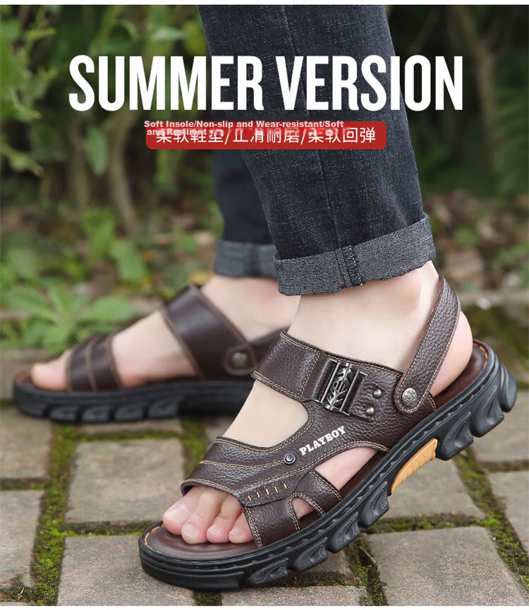 PLAYBOY Men's Sandals 2026 Summer Breathable Beach Shoes Men's Hole Shoes First Layer Cowhide Slippers Brown Size 43 2