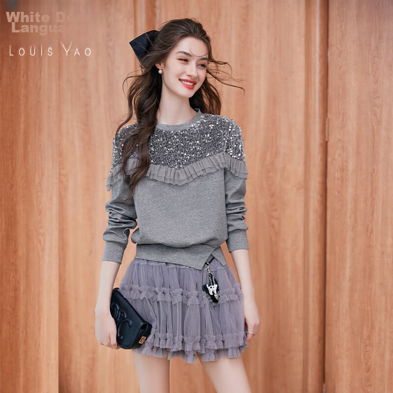 LOUISYAO Sequin Embellished Mesh Splice Sweatshirt 2025 Autumn Winter New Split Hem Fashion Top for Women Gray S
