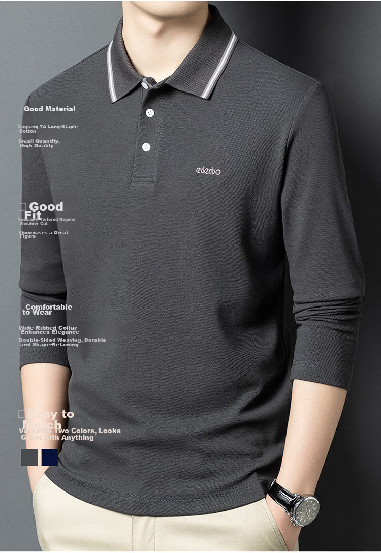 Edenbo Long Sleeve Polo Shirt Men Pure Cotton Simple Top Navy Blue 175/92A (XL) 4