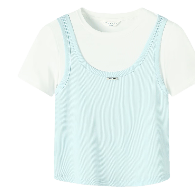 TonLion 2026 Summer New Women's Short Sleeve T-Shirt, Fake Two-Piece, Round Neck, Unique and Beautiful Design Top