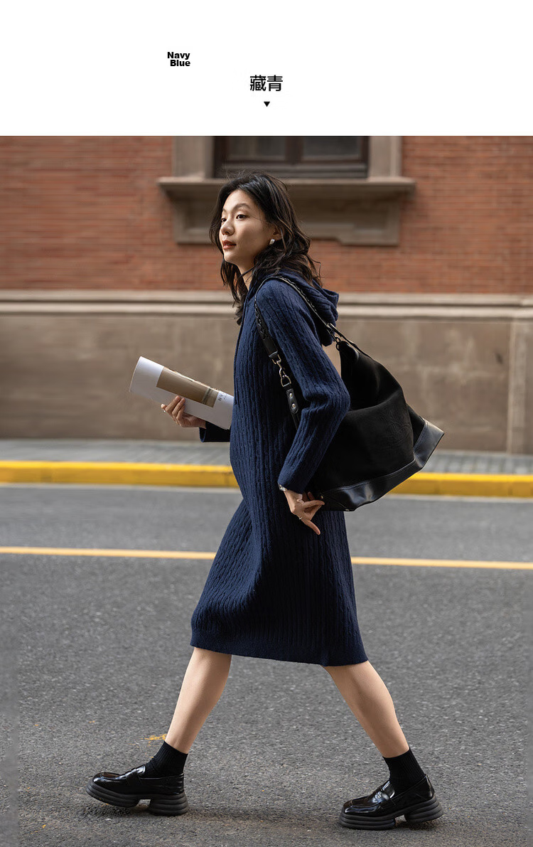 Demana Baby Skin Touch Spring Korean Style Hooded Cable Knit Loose Fit Mid-Length Dress for Women 14