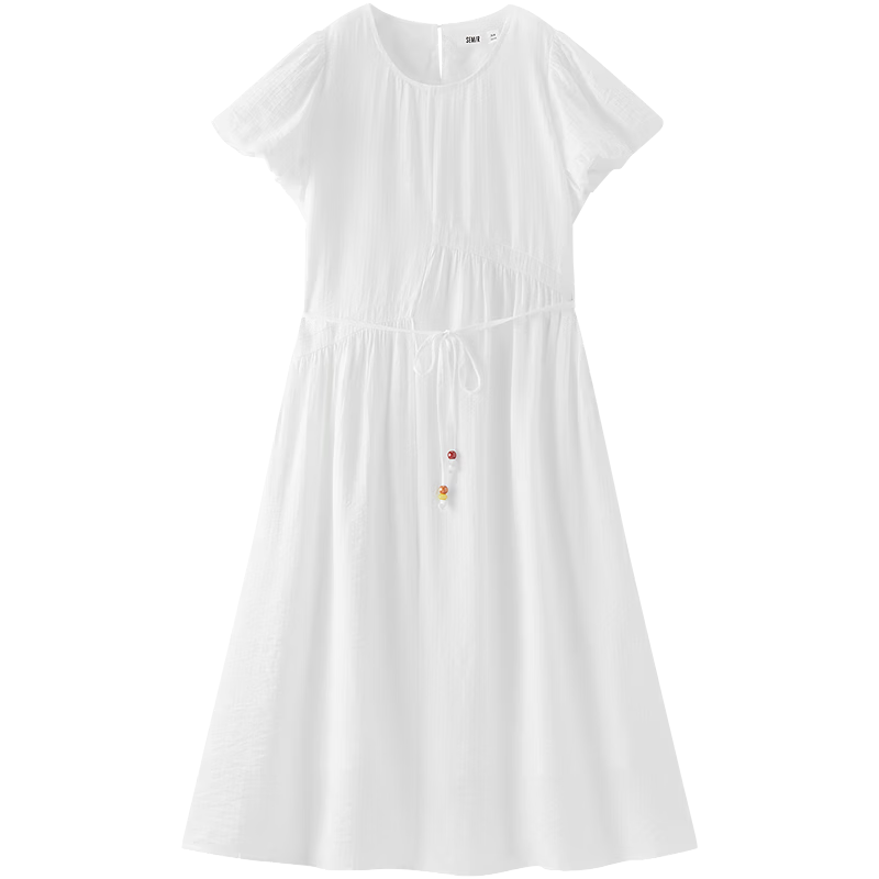 Semir Women's Summer Dress Puff Sleeve Waist-Defined Textured Long Dress 2026 Elegant Vacation Style White Dress 109326114033