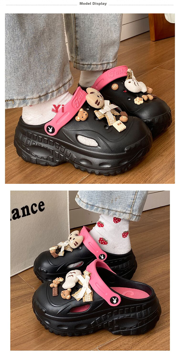 PLAYBOY Women's Summer 2026 Hollow-out Sandals Thick-soled Height-increasing Slippers Versatile Beach Shoes Black Size 36/37 4
