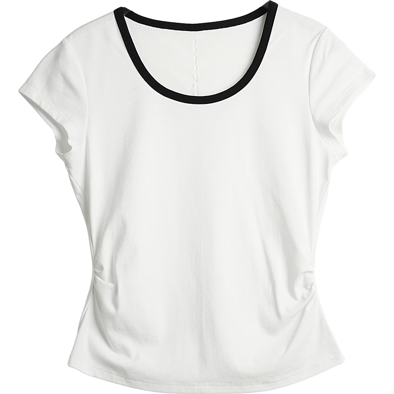 Olrain Eurielle Summer New Pleated Waist Slim Fit Color-Block Round Neck Short Sleeve T-Shirt Women Casual Top White XL