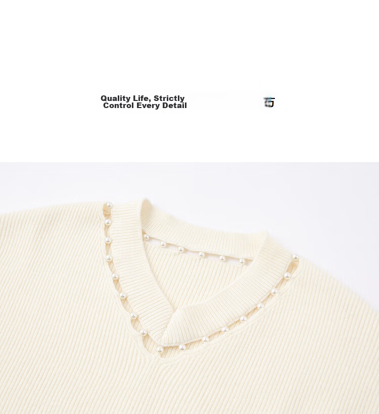Demana [Lightwear Collection] Autumn Lady Style V-Neck Hollow Pearl Thread Drop Shoulder Slim Knit Sweater for Women 14