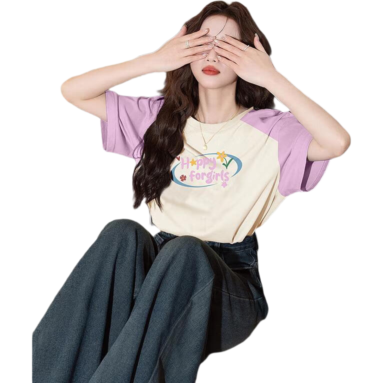 TonLion 2025 Summer Women's Raglan Sleeve Front Chest Print Short Sleeve T-Shirt, L Apricot Color