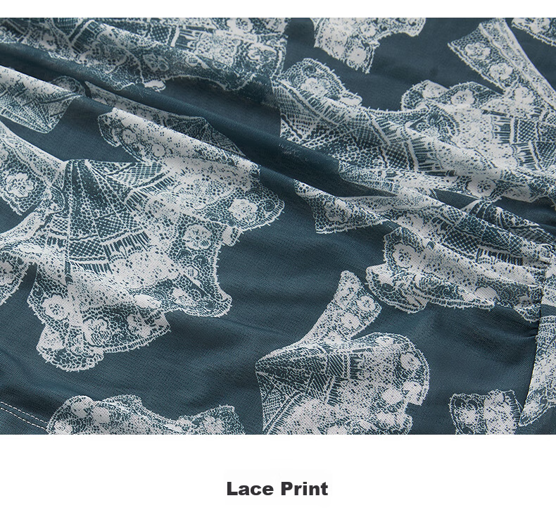 JUZUI AnnaKou Elegant Lace Printed Pleated Round Neck Waist Cinched Tulle Short Sleeve Women's Summer Top Floral Green Gray M 14