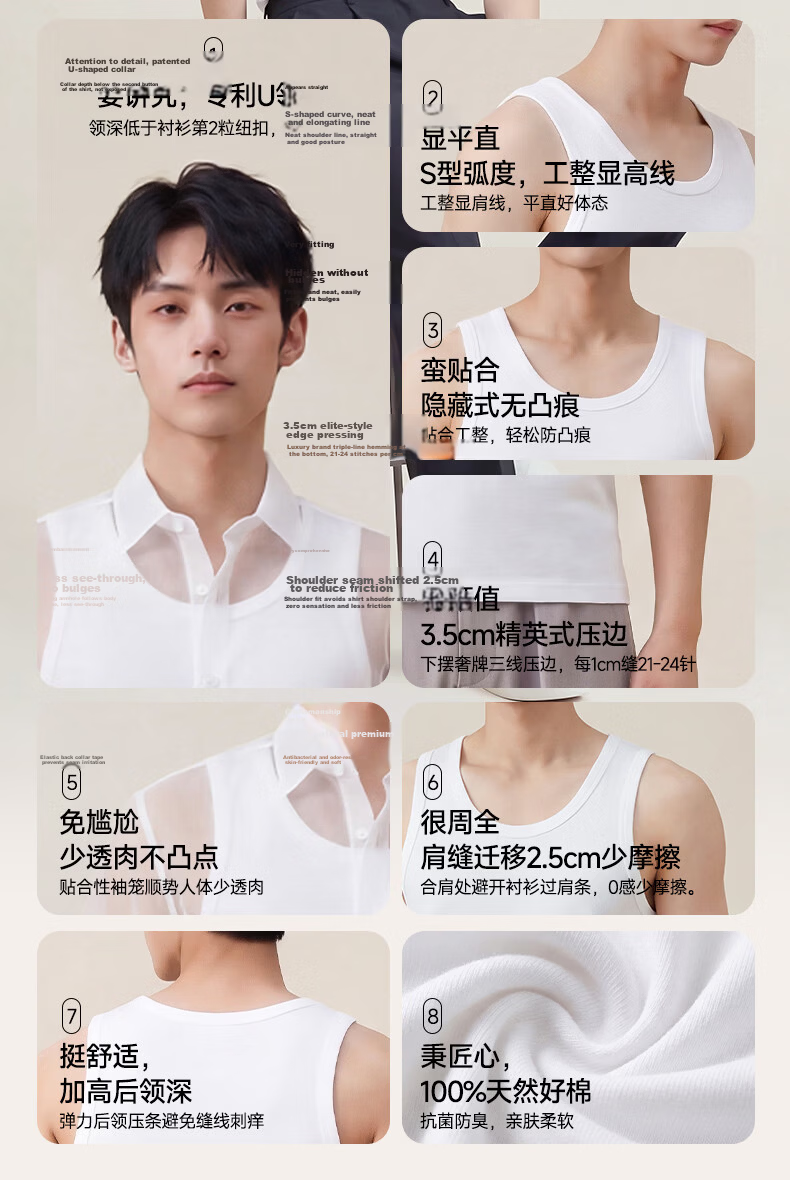 FIRS Men’s Vest [2-Pack Pure Cotton] Seamless Round Neck Antibacterial Sports Sleeveless Undershirt 6