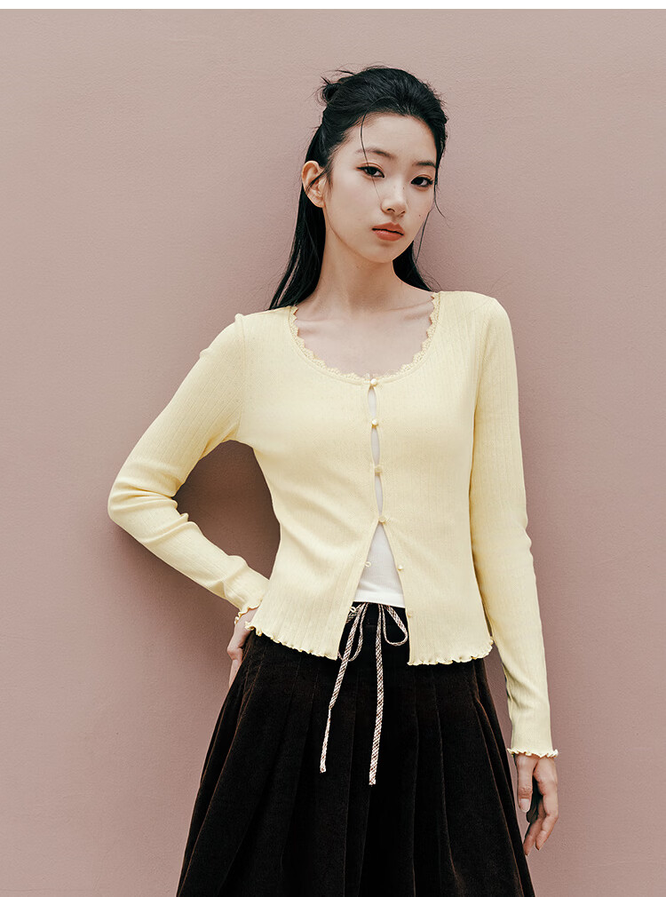 Semir [Pure Cotton] Long Sleeve T-Shirt Women 26 Autumn Short Slim Lace Trim Thin Cardigan 109526101005 25