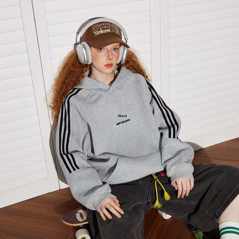 BEETLE TOWN American Style Striped Gray Raglan Sleeve Sweatshirt Women Spring New Versatile Couple Top Heather Gray M