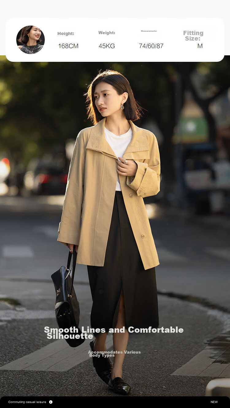Dme [City Light Travel] Spring Healing Buff Stand Collar Cotton-Nylon Twill Long Loose Women's Trench Coat 11