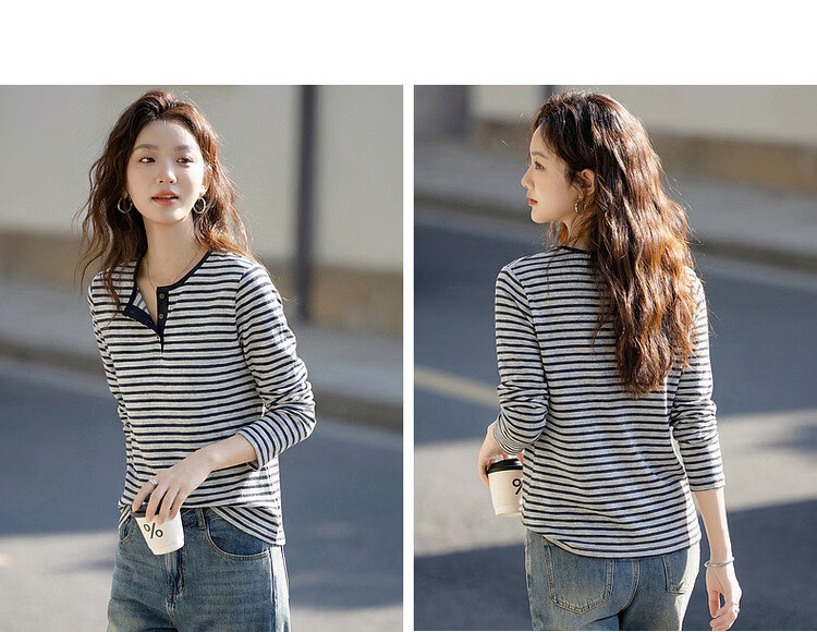 Demana [Smooth Lyocell] Summer Lazy Colorblock Stripe Henley Collar Long Sleeve Loose Slim Fit Versatile Women's T-Shirt 12