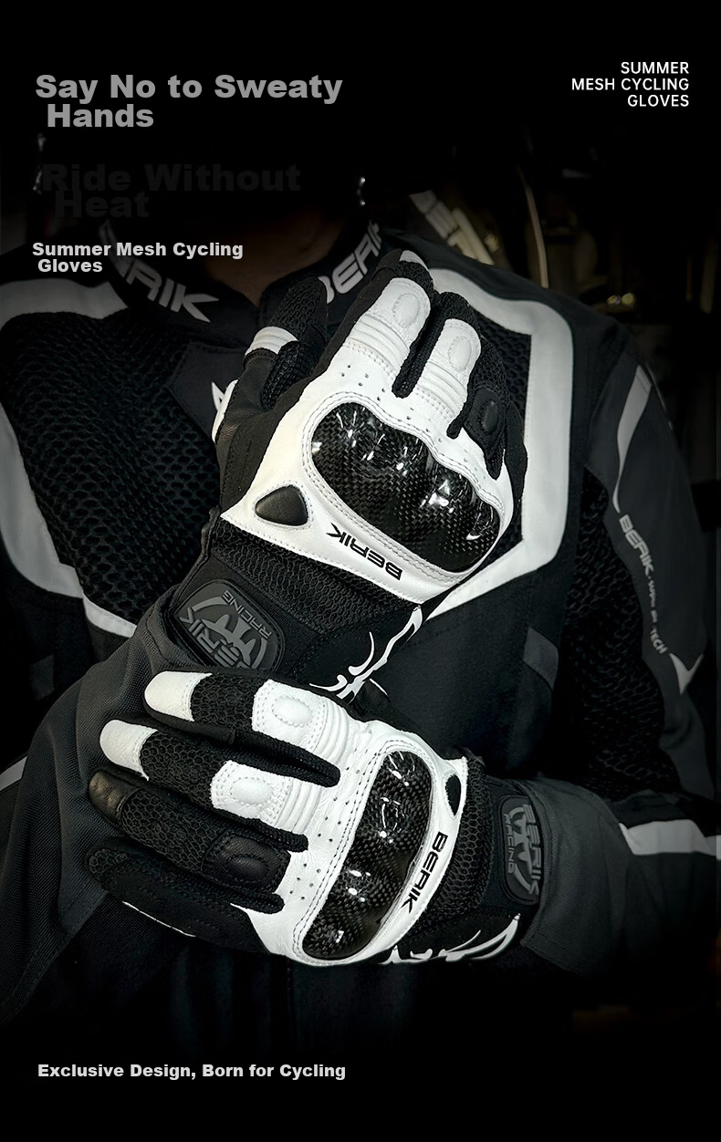 BERIK Big Eye Motorcycle Riding Gloves Summer Breathable Genuine Leather Carbon Fiber Touchscreen Shamo Black White L 2