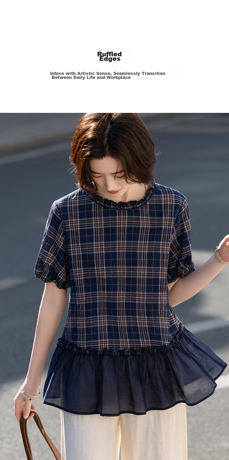 Demana Fresh Cloud Cotton Summer Ruffle Edge Plaid Patchwork Tie Short Sleeve Loose Slim Shirt for Women Premium Feel 7