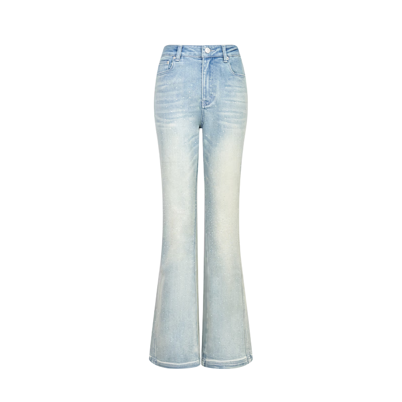 ANN ANDELMAN Galaxy Series Starry Rhinestone Washed Denim Blue High Waist Slight Flare Casual Pants Blue XS